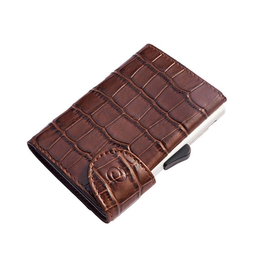 C-Secure Aluminum Card Holder with Genuine Leather - Croco Brown