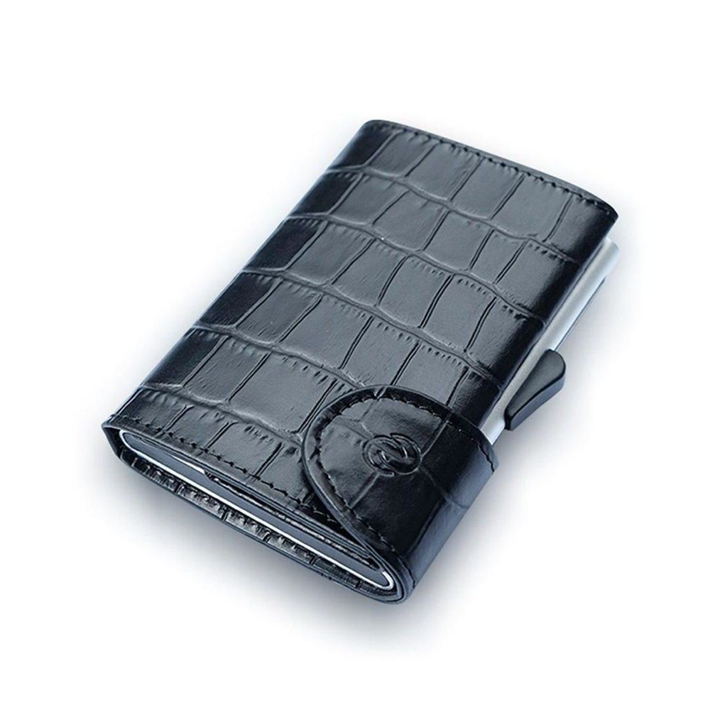 C-Secure Aluminum Card Holder with Genuine Leather - Croco Black