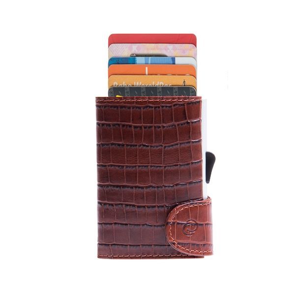 Aluminum Card Holder with Genuine Leather - Croco Brown