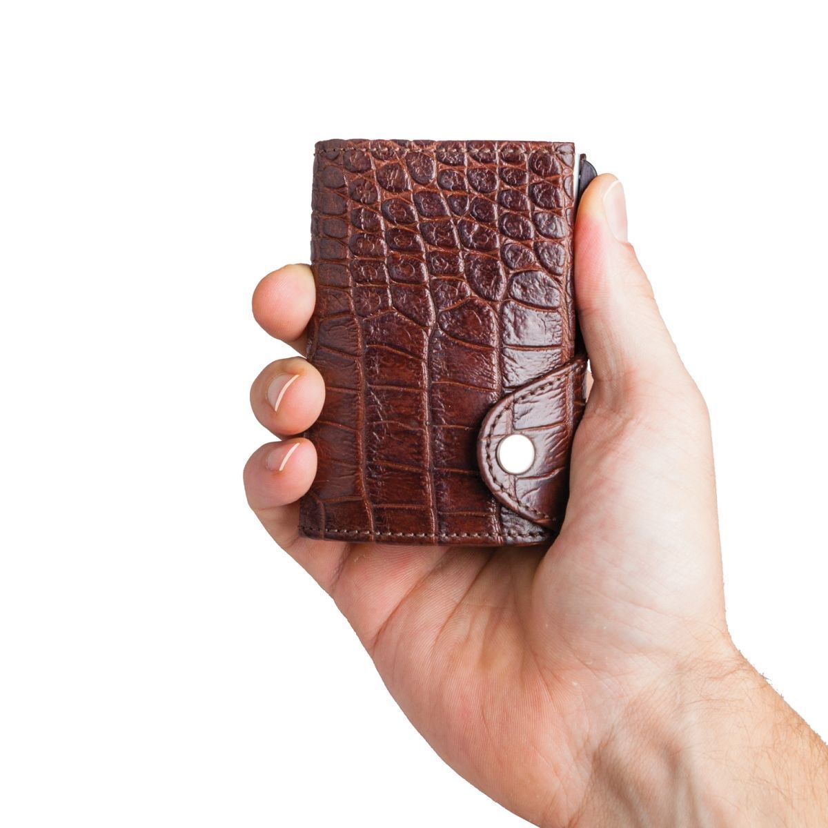 C-Secure Aluminum Card Holder with Genuine Leather - Croco Brown