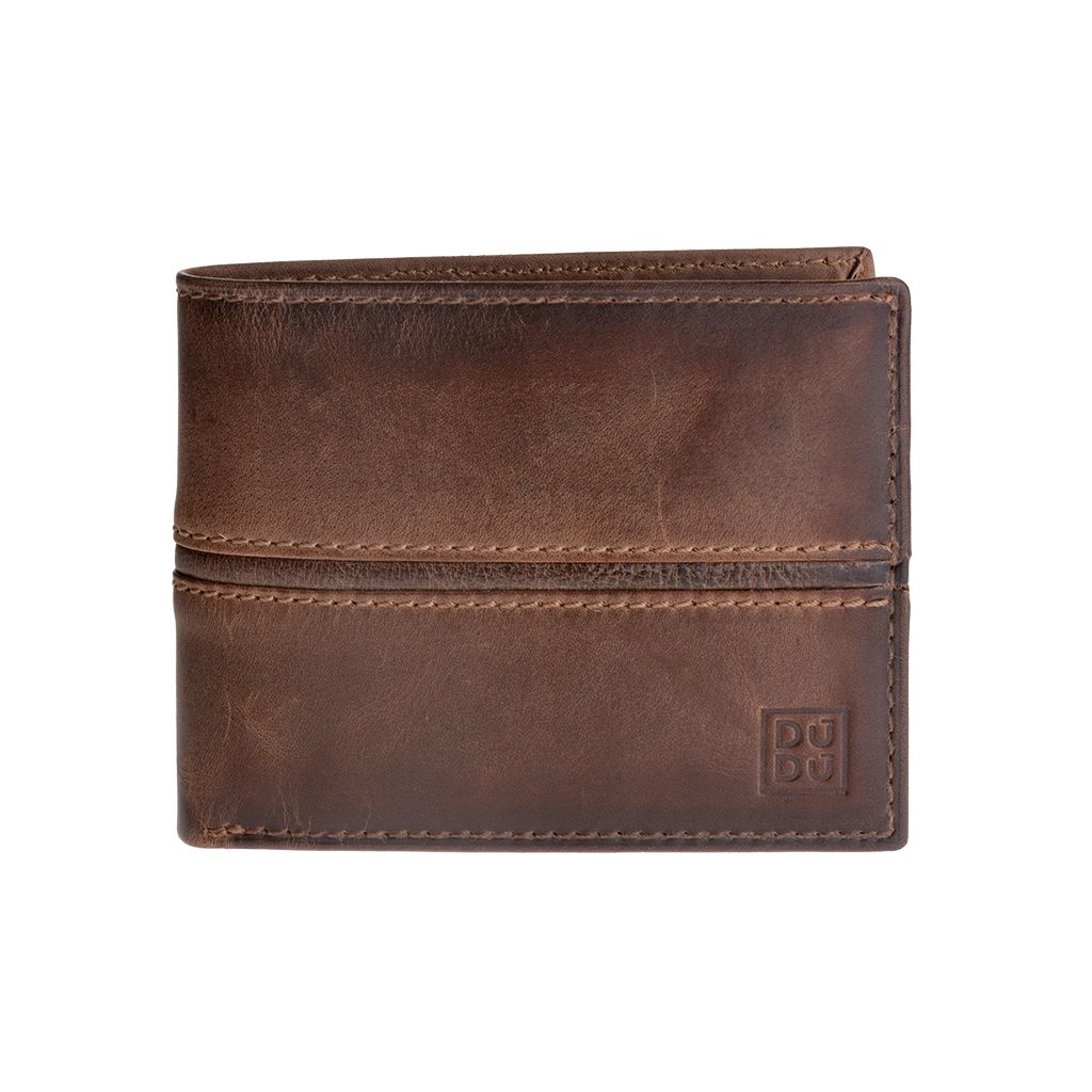 DuDu Mans Leather Wallet With Brushed Effect - Dark Brown