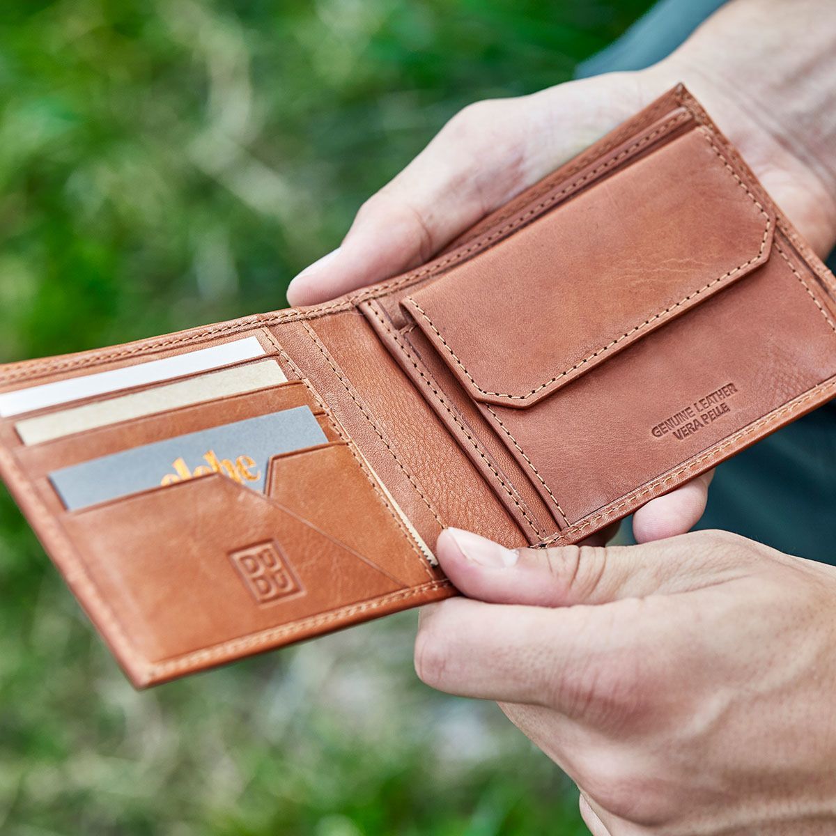 DuDu Mens Leather Wallet with Coin Pocket - Dark Brown