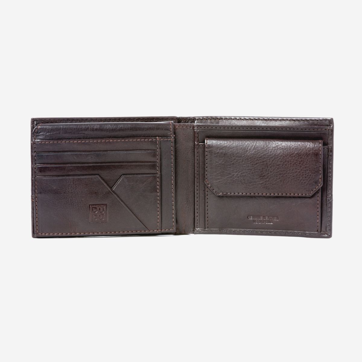 DuDu Leather Wallet With Coin Pocket For Men - Dark Brown