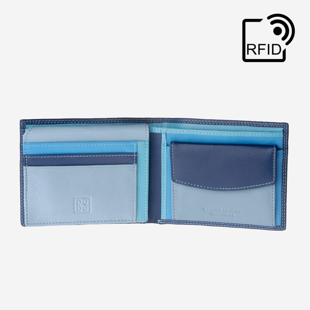 DuDu Leather classic multi color wallet with coin purse and inside flap with RFID - Blue