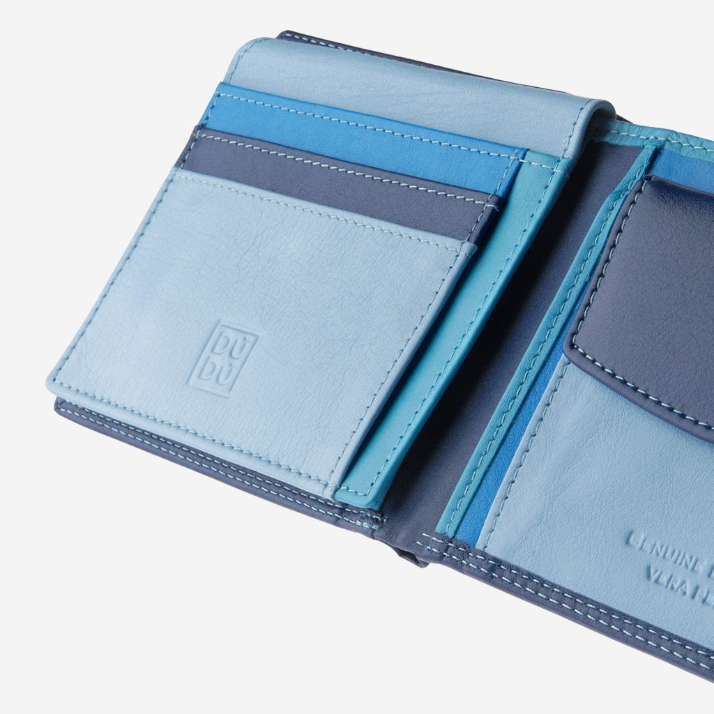 DuDu Leather classic multi color wallet with coin purse and inside flap with RFID - Blue