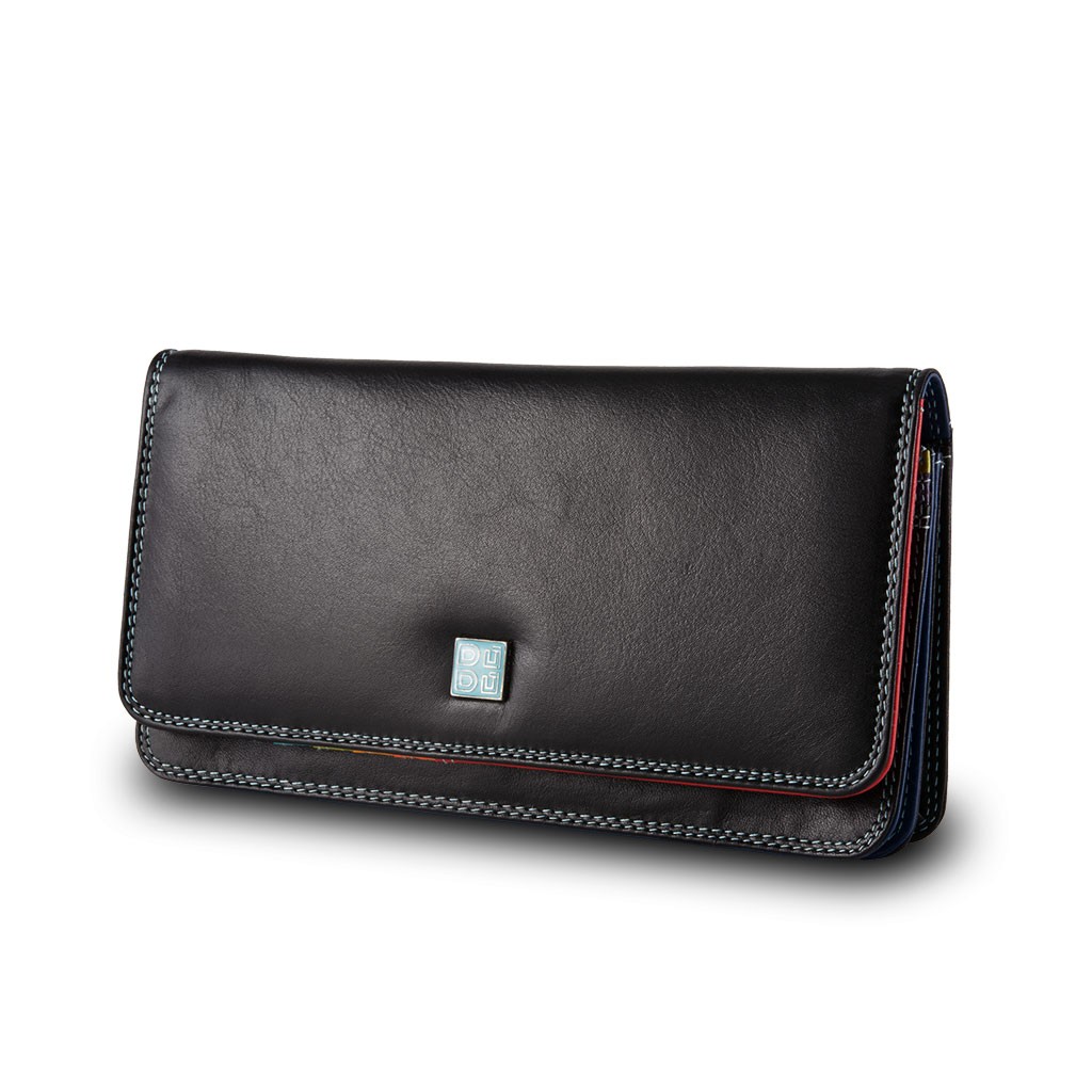 DuDu Womans leather multi color wallet with flap - Black