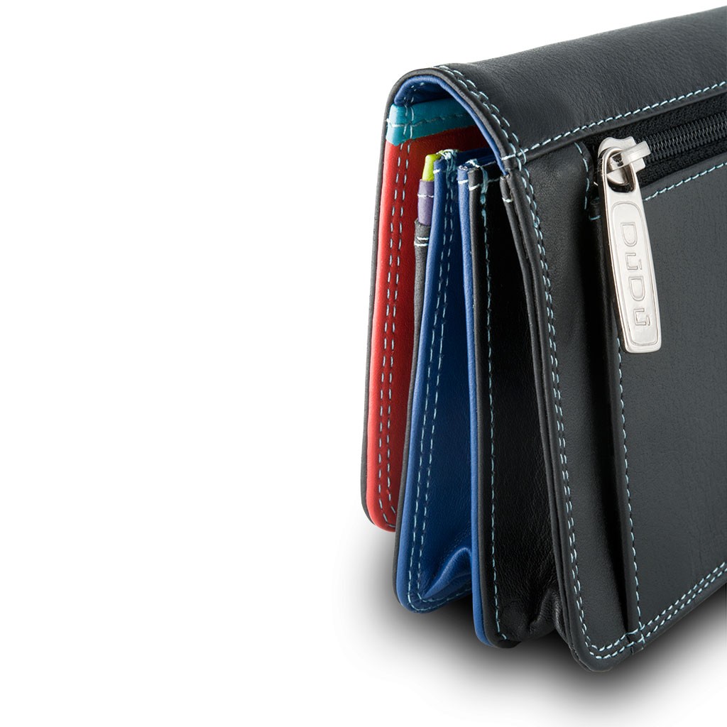 DuDu Womans leather multi color wallet with flap - Black