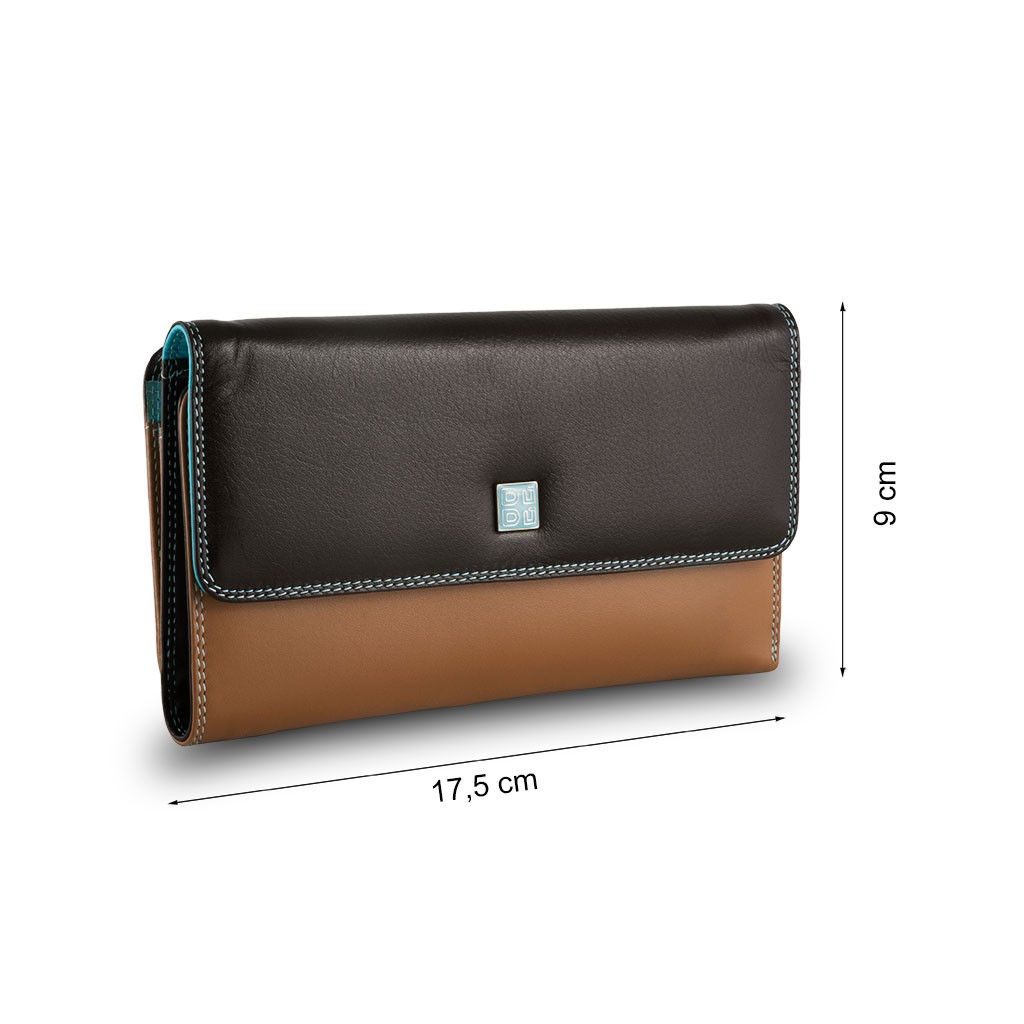 DuDu Womans Tri-fold leather multi color wallet with external coin carrier - Dark Brown