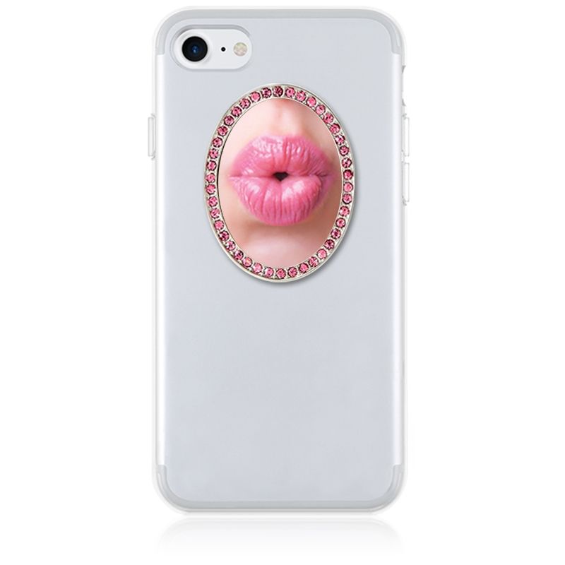 Unbreakable Oval Phone Mirror - Silver with Pink Crystals