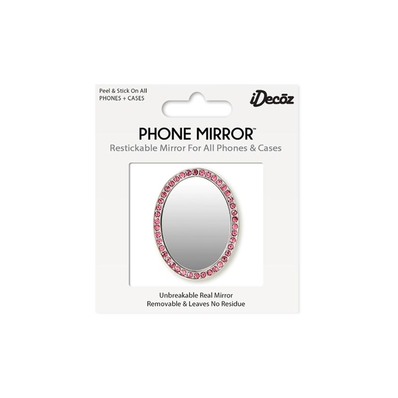 iDecoz Unbreakable Oval Phone Mirror - Silver with Pink Crystals