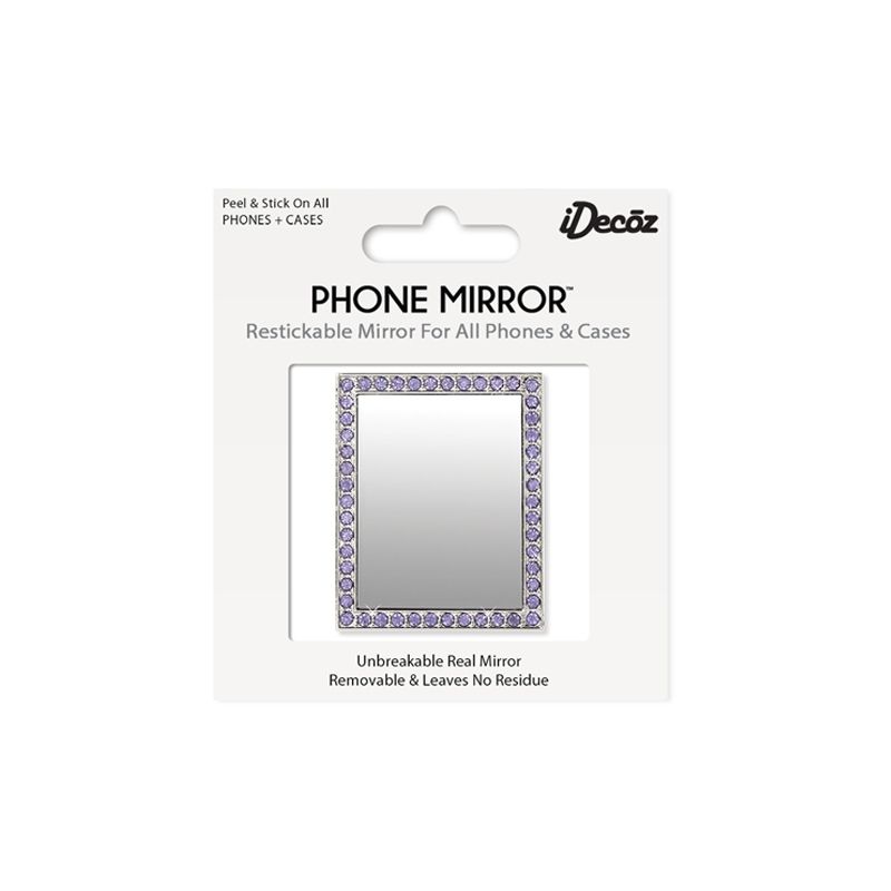 iDecoz Unbreakable Rectangle Phone Mirror - Silver with Purple Crystals