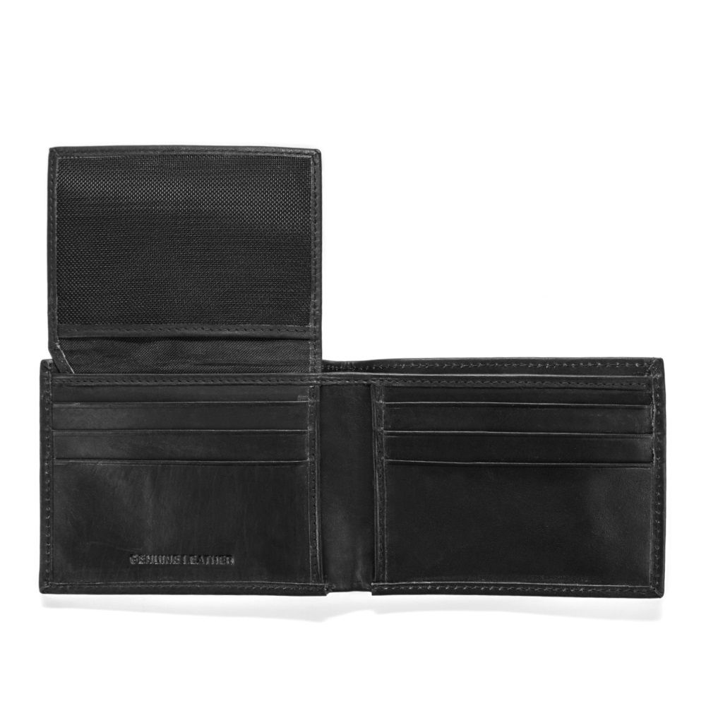 MUNDI Men's Crunch Leather Passcase Wallet with Removable Coin Pouch - Black