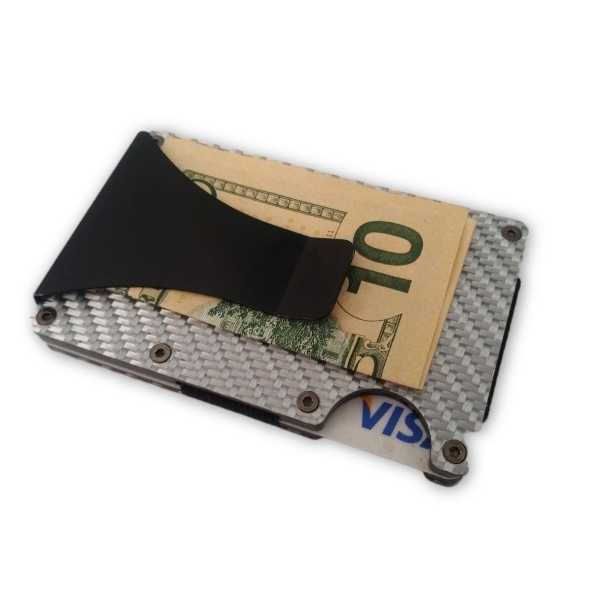 Minimalist Carbon Fiber Wallet with Money Clip - Silver