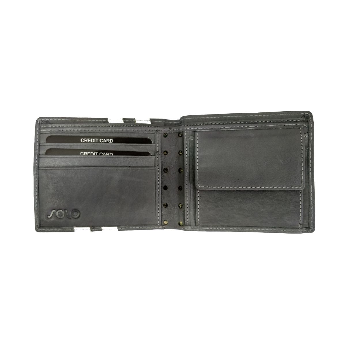 solo Leather Wallet With 2 Strips and Coin Pouch - Grey